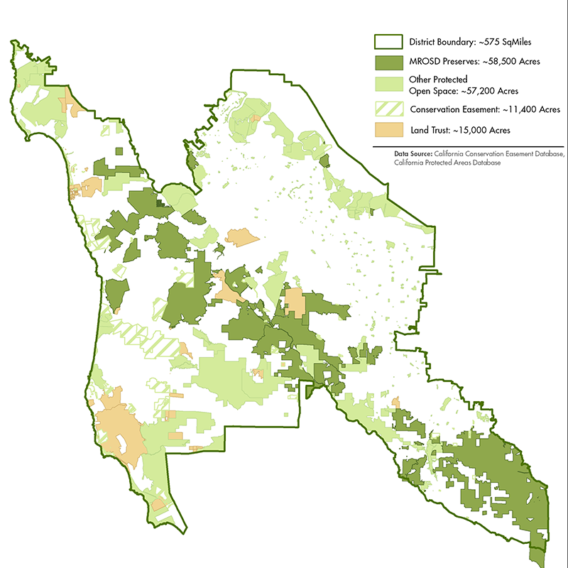 map of protected lands within Midpen district boundaries