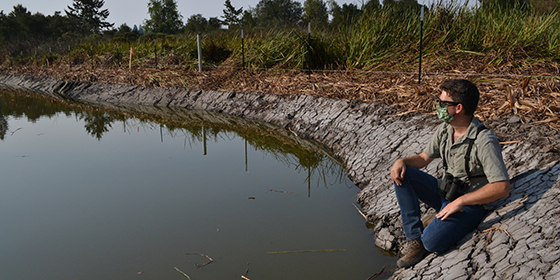 a man overlooking a pond