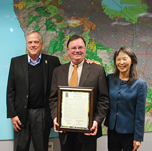 General Manager Steve Abbors, Assemblymember Rich Gordon, and Board President Yoriko Kishimoto