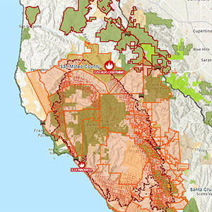 a map showing fire area and evacuation zones