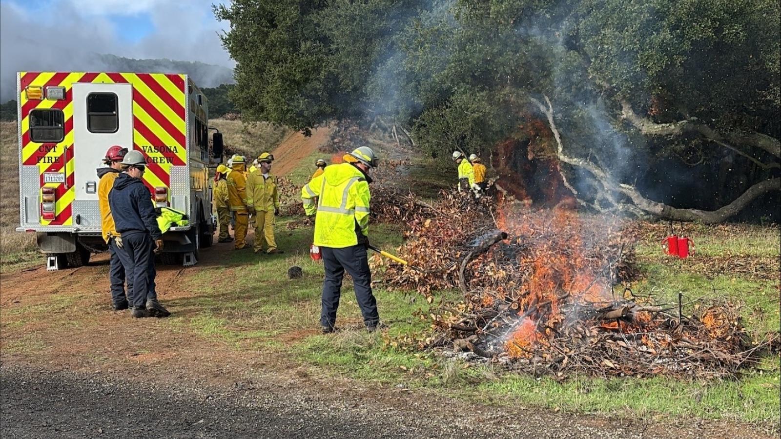 Santa Clara County Fire staff burn small piles of vegetation in a clearing by a gravel road
