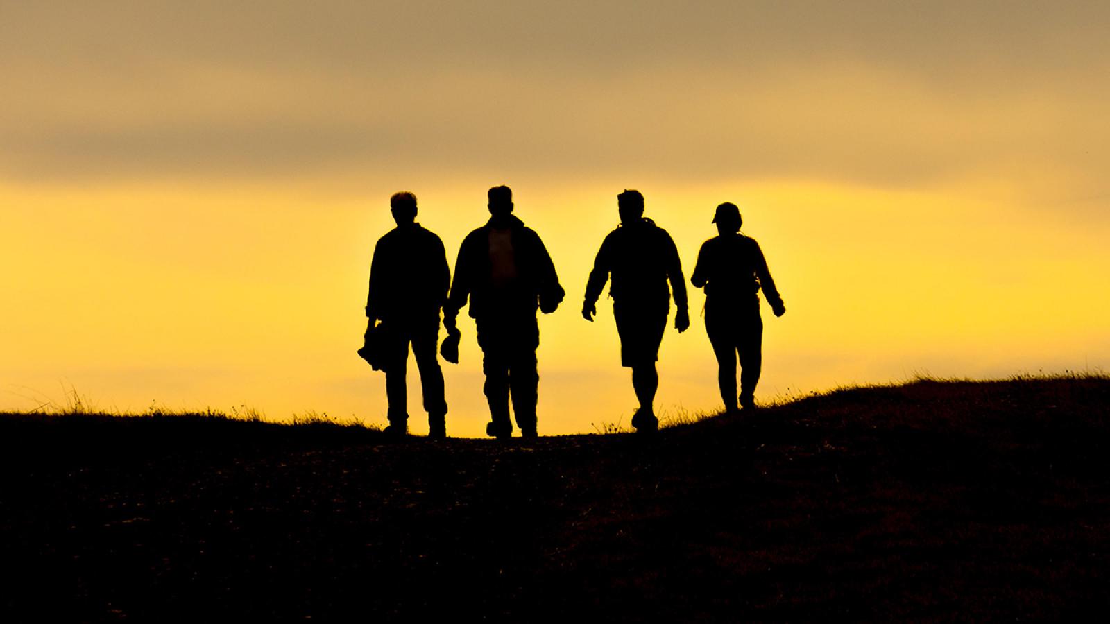 backlit hikers at sunset