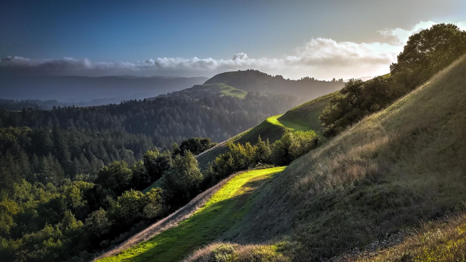 A vista of green, grass-covered hills