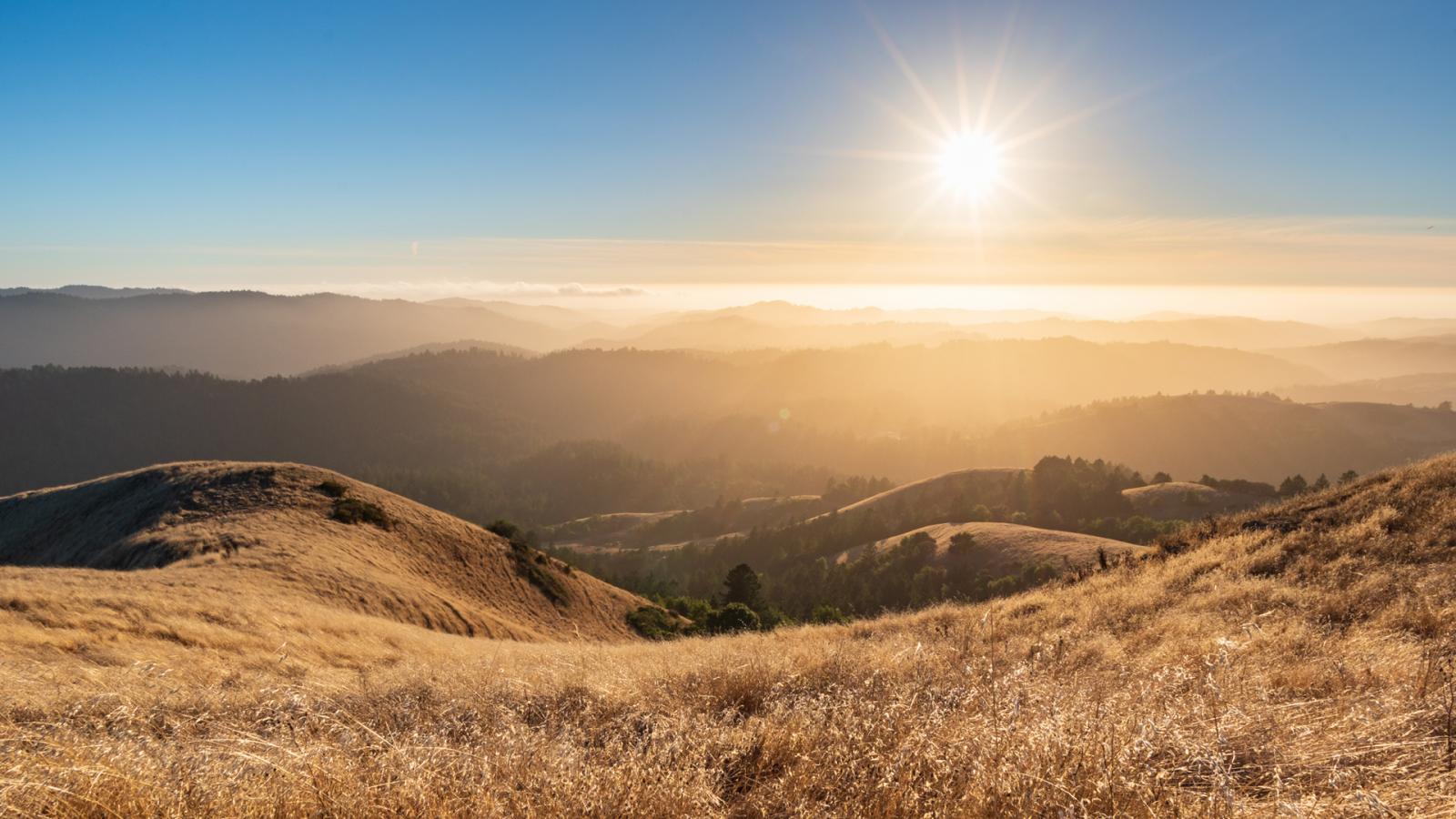 Rolling sun-bleached grass hills along the Skyline ridge
