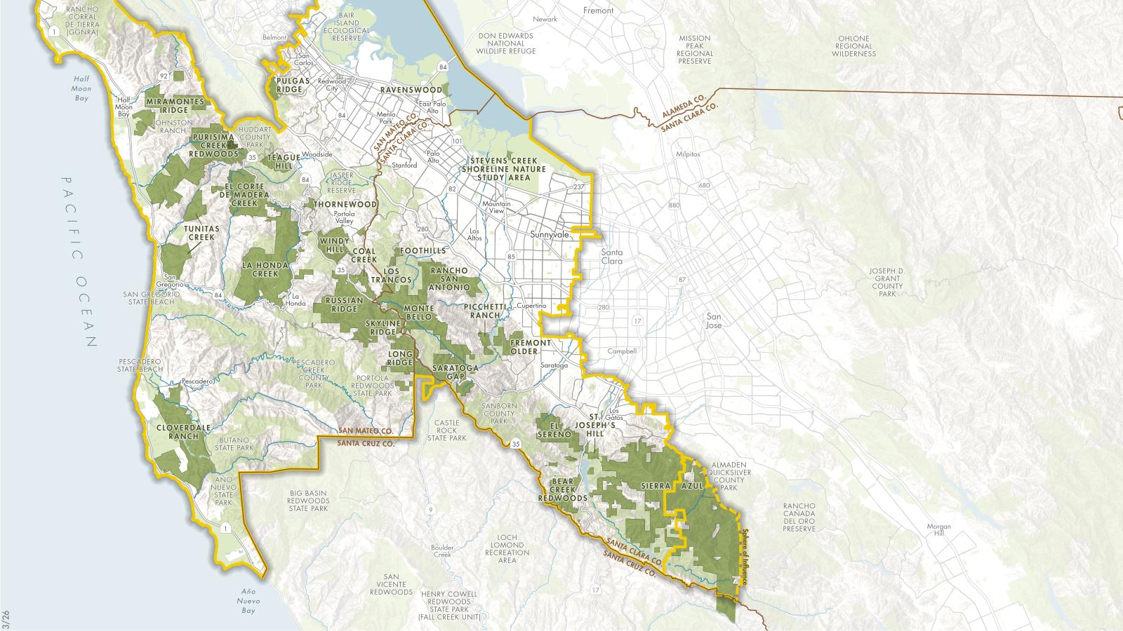 Map of the San Francisco Peninsula and South Bay Area showing all 27 Midpen preserves