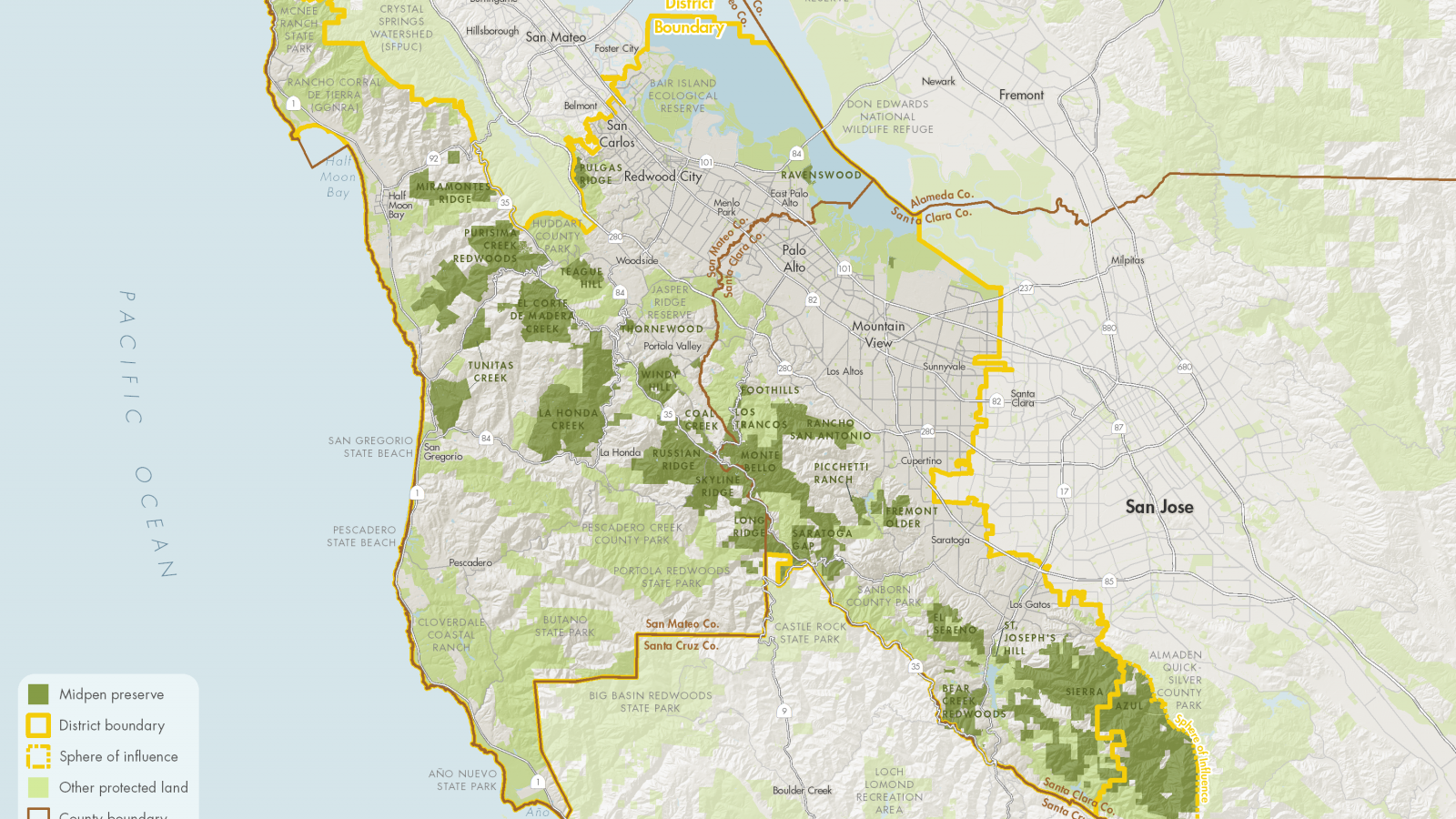 Map of the Midpeninsula Regional Open Space District's 26 preserves.