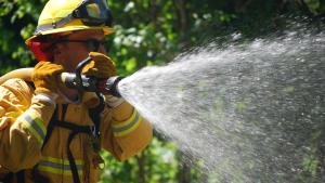 Midpen staff hold fire hose during fire training