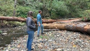 Two staff members stand in front of newly installed wood logs along San Gregorio Creek