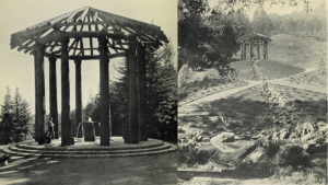 An open circular structure made of redwood trunks built on a stone base with a fountain in the center