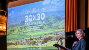 A speaker at the first Science and Stewardship Symposium presenting on 30 by 30 California