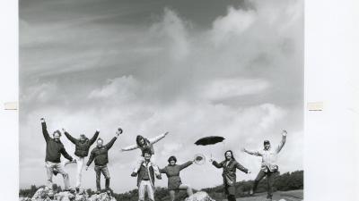 Ed Shelley, Herb Grench, Dick Bishop, Craig & Margo Britton, Nonette Hanko and Jim Bollend celebrate Midpen reaching 10,000 acres preserved in Monte Bello Open Space Preserve, 1981. (Carolyn Caddes) 