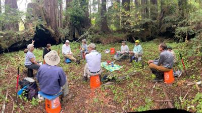 Volunteers sitting around buckets and tools at La Honda Creek