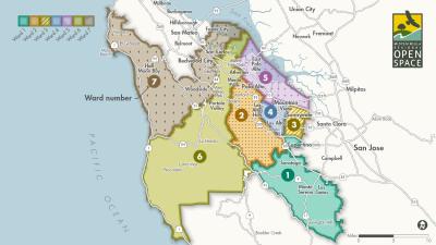 Map shows Montara to San Jose with ward boundaries. Ward 1 includes Cupertino, Lexington Hills, Los Gatos, Monte Sereno, Saratoga. Ward 2 includes Cupertino, Los Altos, Los Altos Hills, Loyola, Mountain View, Palo Alto, Stanford. Ward 3 includes Cupertino and Sunnyvale. Ward 4 includes Cupertino, Los Altos, Mountain View, Sunnyvale. Ward 5 includes East Palo Alto, Menlo Park, Mountain View, Palo Alto, SunnyvaleWard 5 includes East Palo Alto, Menlo Park, Mountain View, Palo Alto, Sunnyvale. Ward 6 includes