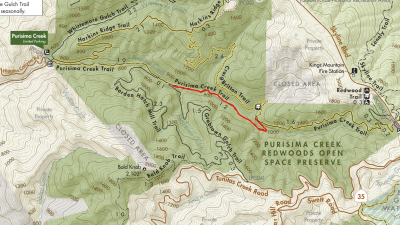 Picture showing trail section closed in Purisima Creek Redwoods