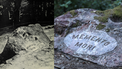 A rock with the words "Memento Mori" engraved in the surface