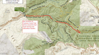 A map of Purisima Creek Redwoods with a closure highlighted in red