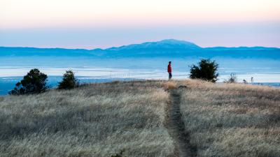 a person looking out at a view of the San Francisco Bay and Mount Diablo at sunrise.