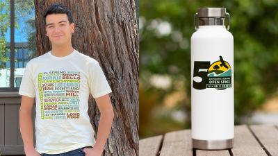 50th Anniversary commemorative items man in t-shirt with names of all Midpen preserves in multiple colors, white water bottle with 50th Anniversary logo