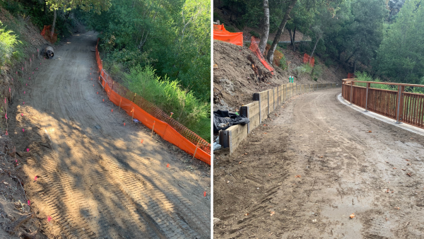 Before and after the retaining wall installation along Alpine Road Trail