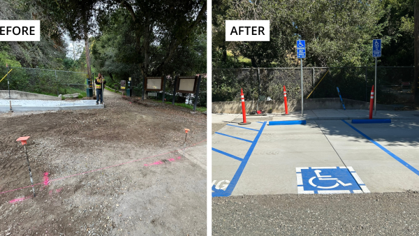 Before and after photos showcasing the newly paved accessible parking spaces at Pulgas Ridge Preserve