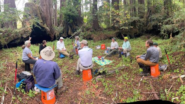 Volunteers sitting around buckets and tools at La Honda Creek