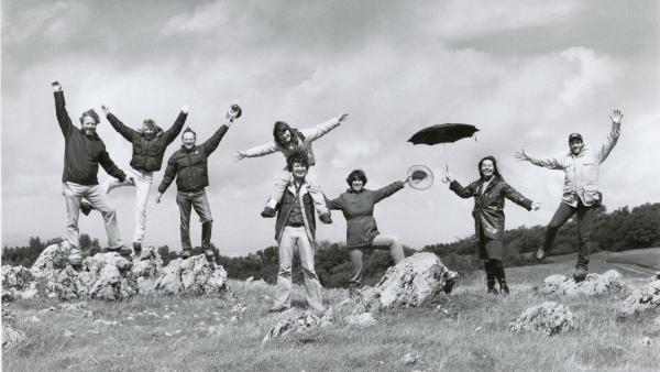 Nonette Hanko with umbrella and others celebrating Midpen protecting 10,000 acres in Monte Bello Preserve (1981). 