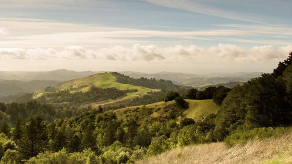 A vista of green, grass-covered hills and cloudy sky