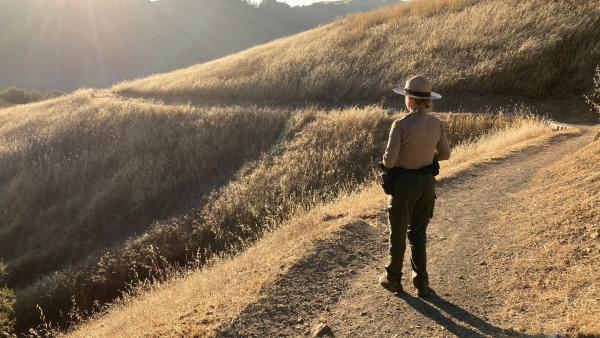 A Midpen ranger stands on a dirt trail surrounded by hills covered in dry grass