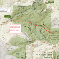 A map of Purisima Creek Redwoods with a closure highlighted in red