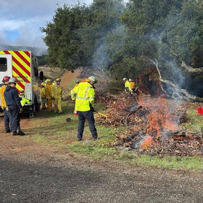 Santa Clara County Fire staff burn small piles of vegetation in a clearing by a gravel road