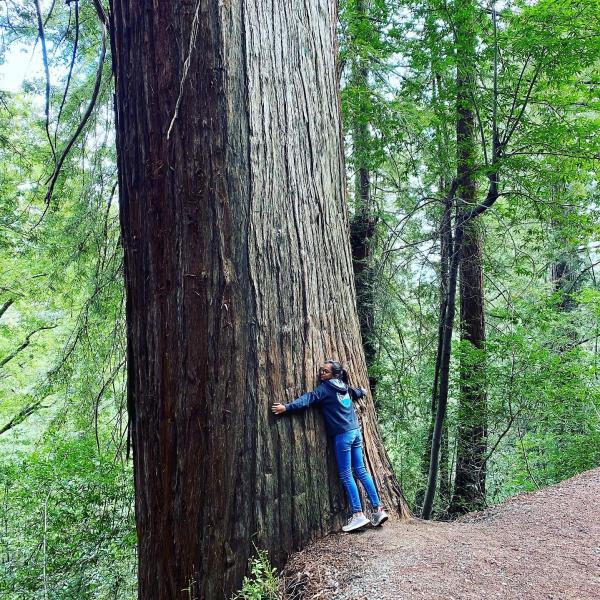 a girl hugging a redwood tree