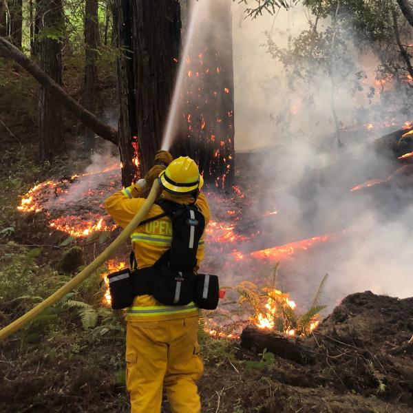 a firefighter sprays water on a fire