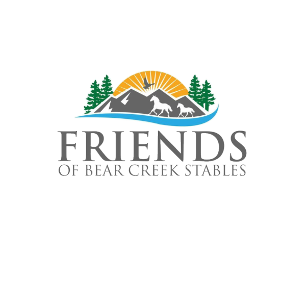 Friends of Bear Creek Stables Logo. Graphic of mountains, rising sun and redwood trees behind a hawk and horses. Friends of Bear Creek Stables text below graphic.