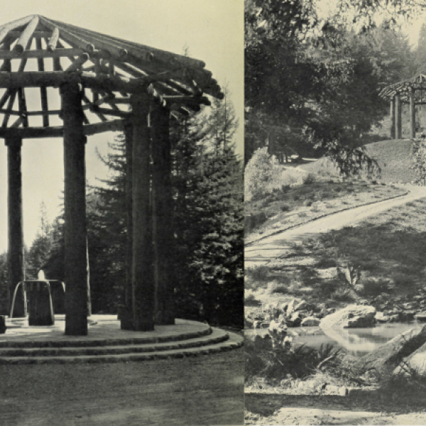 An open circular structure made of redwood trunks built on a stone base with a fountain in the center