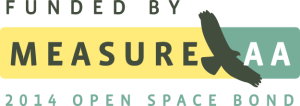 yellow and green "Funded by Measure AA" logo w/ black hawk