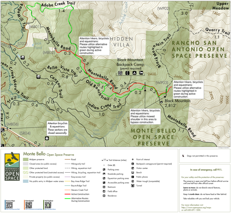 A map of Monte Bello Preserve showing the September 2025 Monte Bello Road closure and an alternative route visitors should take.