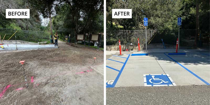 Before and after photos showcasing the newly paved accessible parking spaces at Pulgas Ridge Preserve