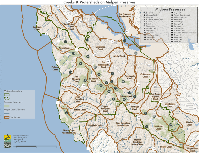Map depicting Midpen Preserves and Bay Area watershed areas