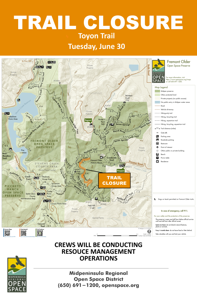 Fremont Older trail map, annotated with a trail closure note along the Toyon trail between the Hayfield and Bay View Trail.