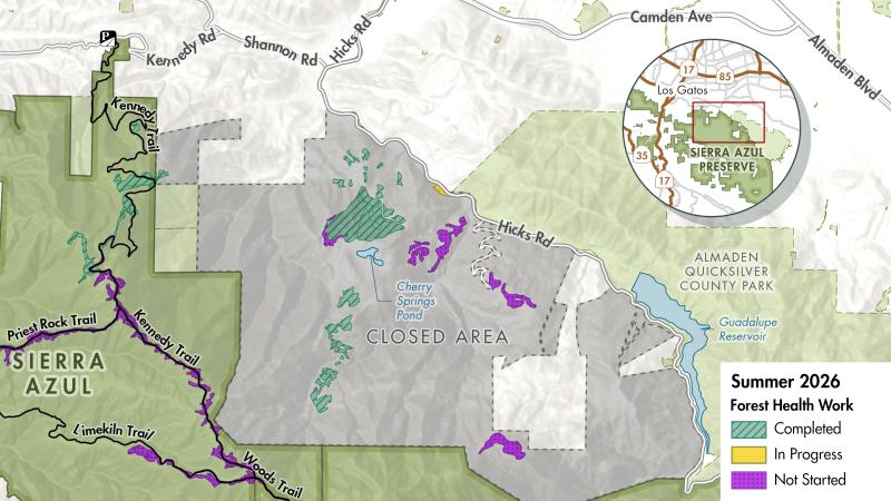 Map showing the northern segment of Sierra Azul preserve. Shapes within a closed area are marked to be treated.