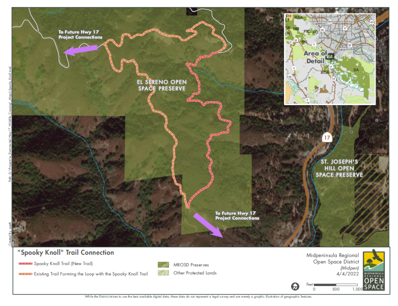 Map of planned Spooky Knoll trail alignment shows future connections to Highway 17 Project.