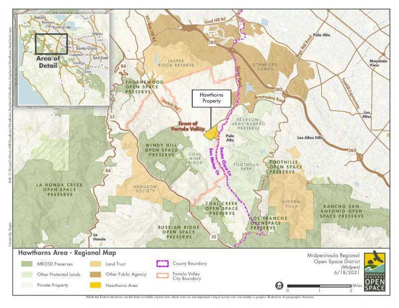 Map in color of geographic region for Hawthorns Area Plan project in Los Altos Hills.