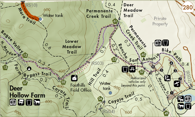Map of Rancho San Antonio preserve with the segment of Mora trail that will be affected by construction highlighted.