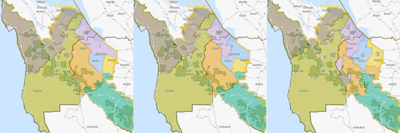 three versions of Midpen ward redistricting maps