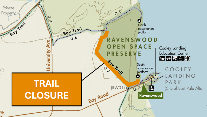 map of ravenswood trail closure. the trail will be closed south of the boardwalk.