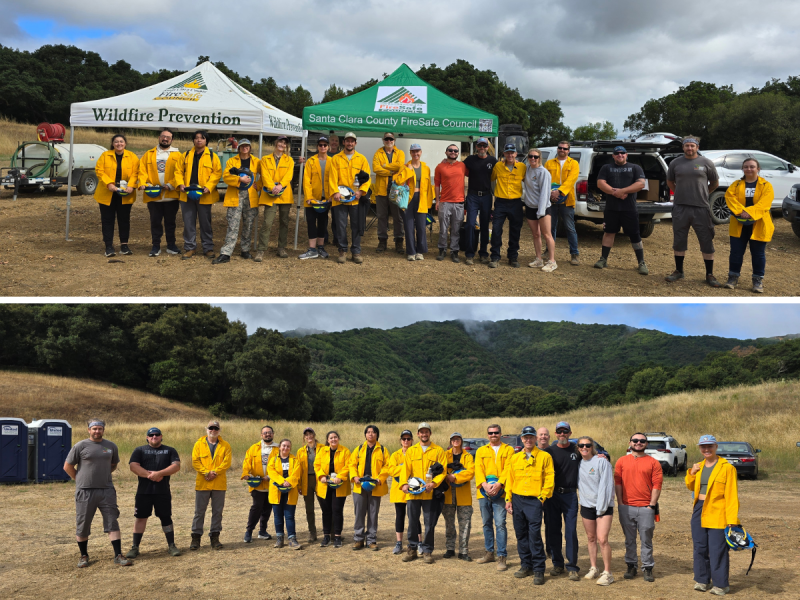 Two group photos of the wildland firefighting training. Some participants are wearing yellow fire coats. They are standing in a grassy field with trees and hills in the background.