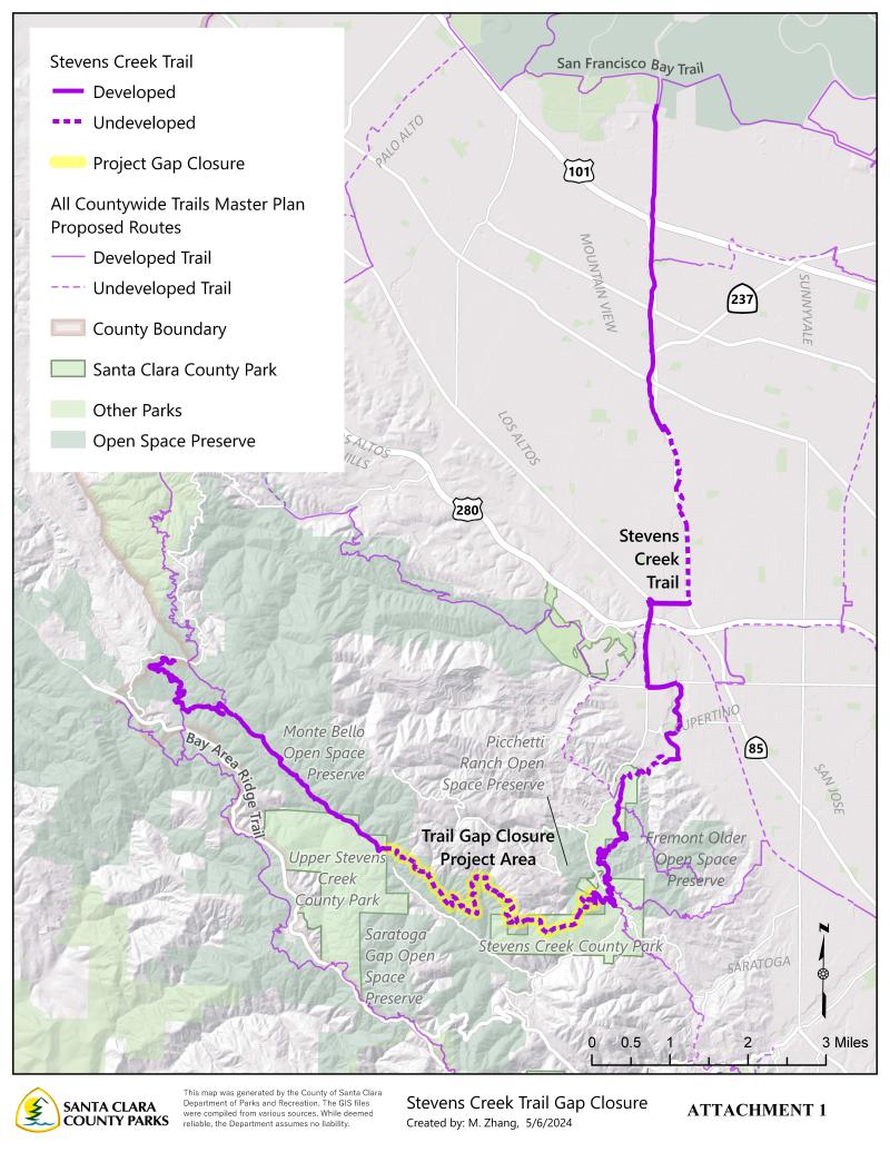 A map showing the gap in the Stevens Creek Trail that will be closed with the completion of this project.
