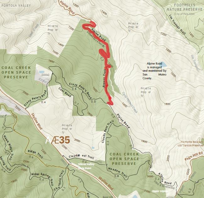 map of closed area of lower Alpine Road Trail