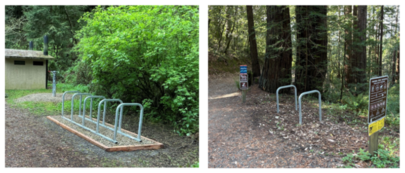 Images showing bicycle parking at Purisima Creek Redwoods Open Space Preserve.